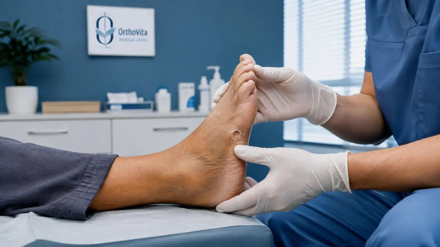 پزشک در حال ارزیابی زخم پای فرد مبتلا به دیابت در کلینیک
