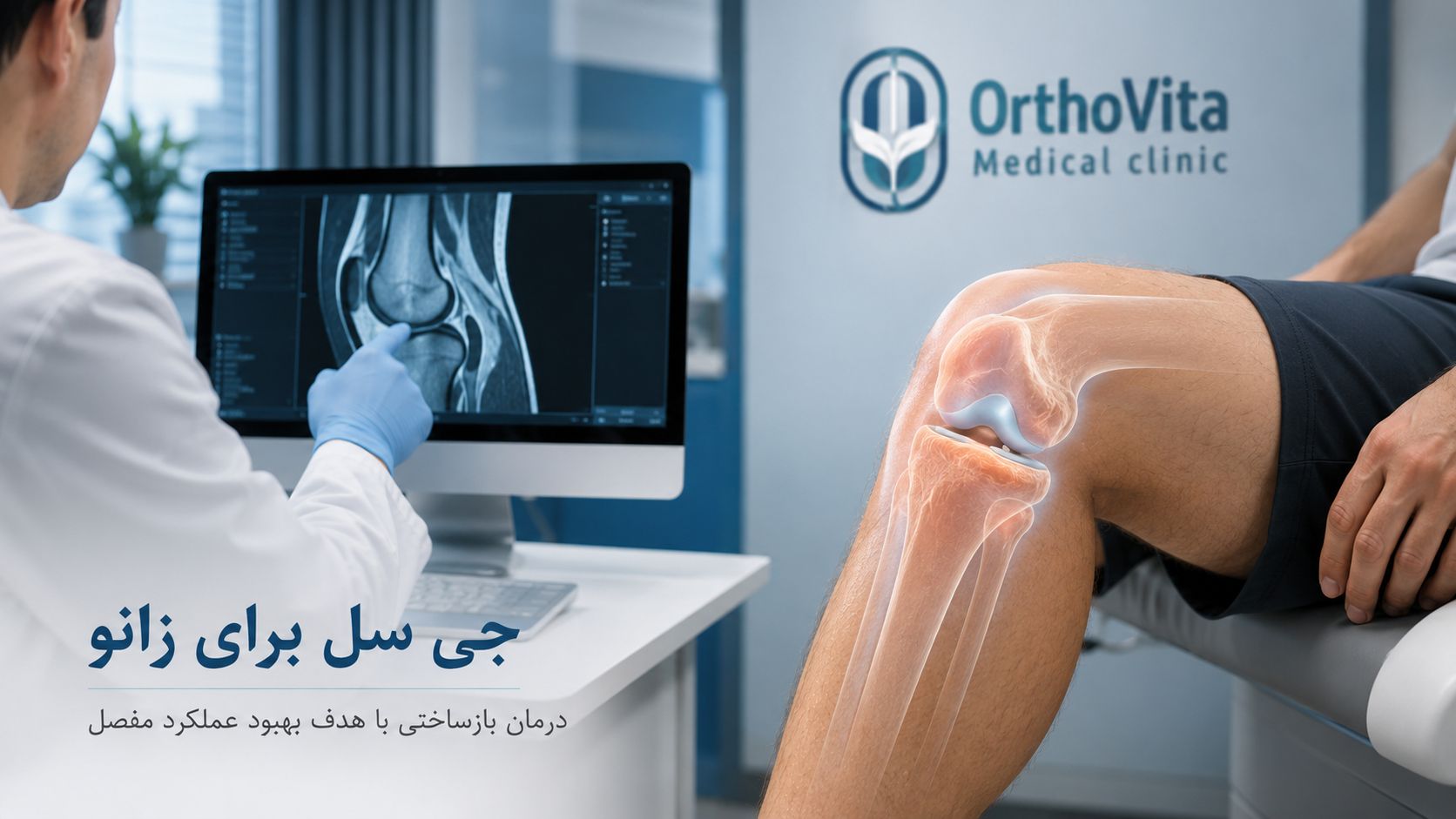 پزشک در حال بررسی تصویر زانو برای ارزیابی درمان جی سل